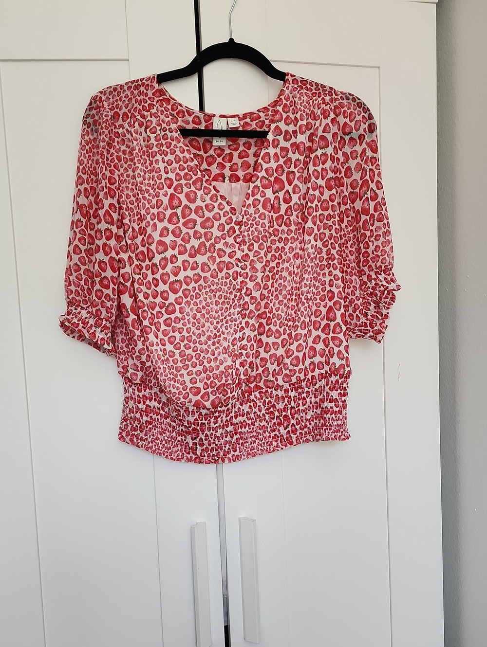 Joie Red and White Strawberry Printed V-Neck Smocked-Hem Blouse